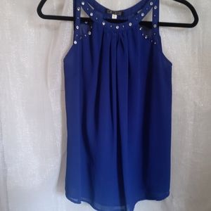 Love Culture| Lg.  Sheer Blue Sleeveless Blouse with rhinestone detail